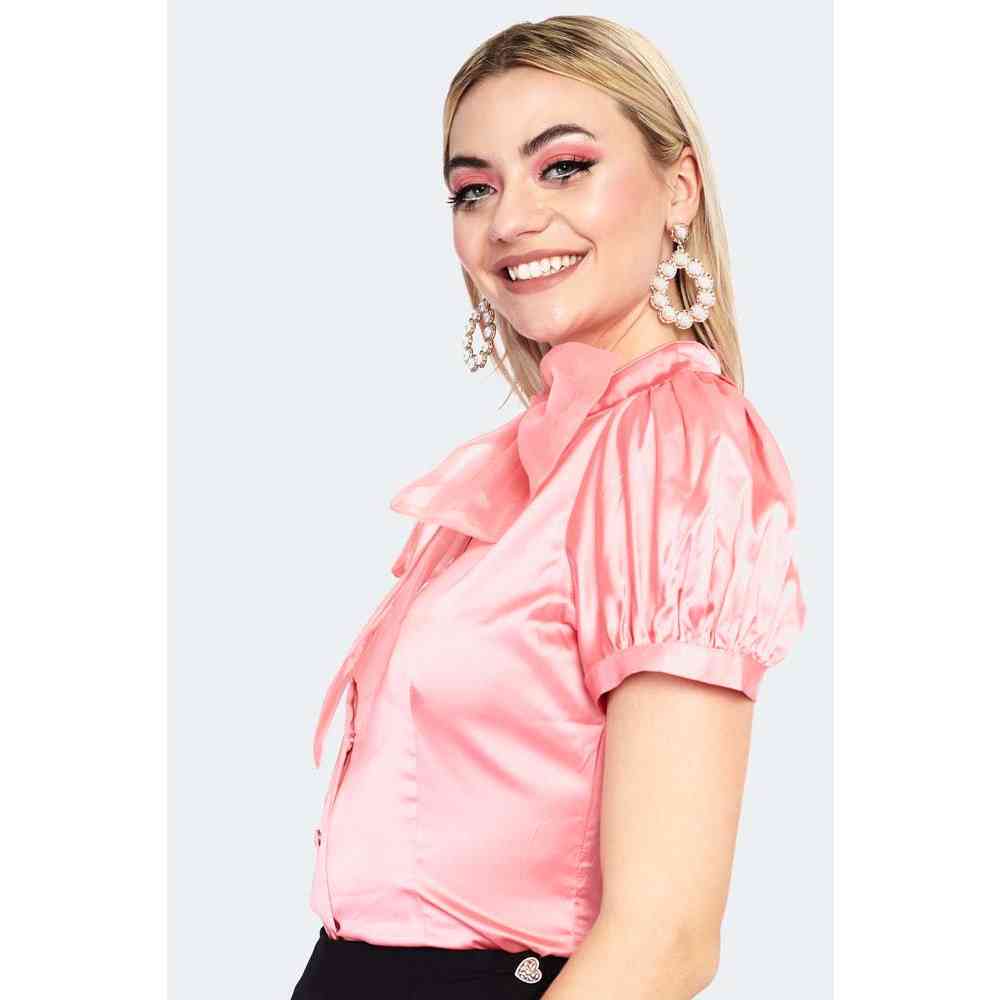 Voodoo Vixen - Oversized Bow Puff Short Sleeve Bluse - Rosa